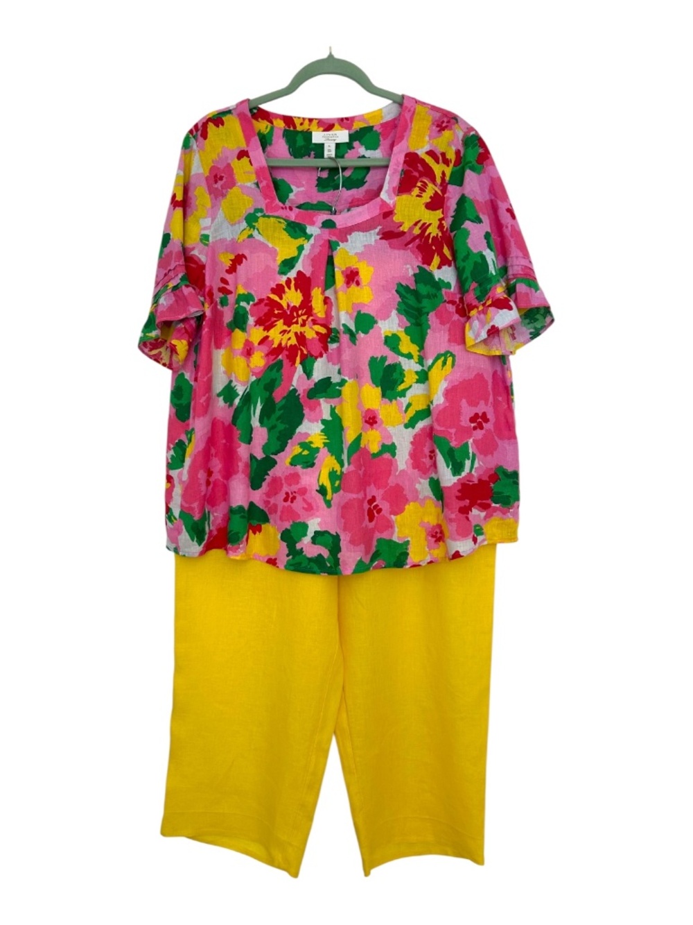 NWOT Charter Club Luxury 100% Linen 2-Piece Set Floral Top Yellow Pants Sz XL
